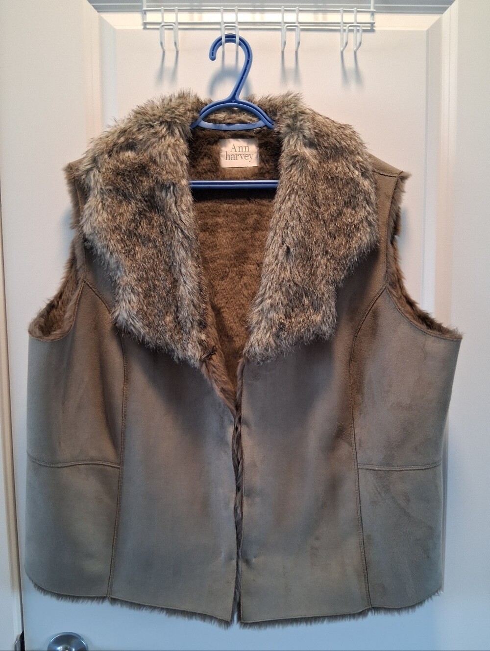 Faux Fur Trim Suede Vest in Taupe